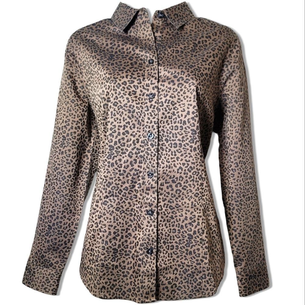 Chicos No-Iron All Season Tan & Black Leopard Print Long Sleeve Button-Up Blouse